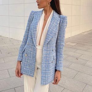 Zara double breasted textured tweed blazer blue blogger veronica beard balmain